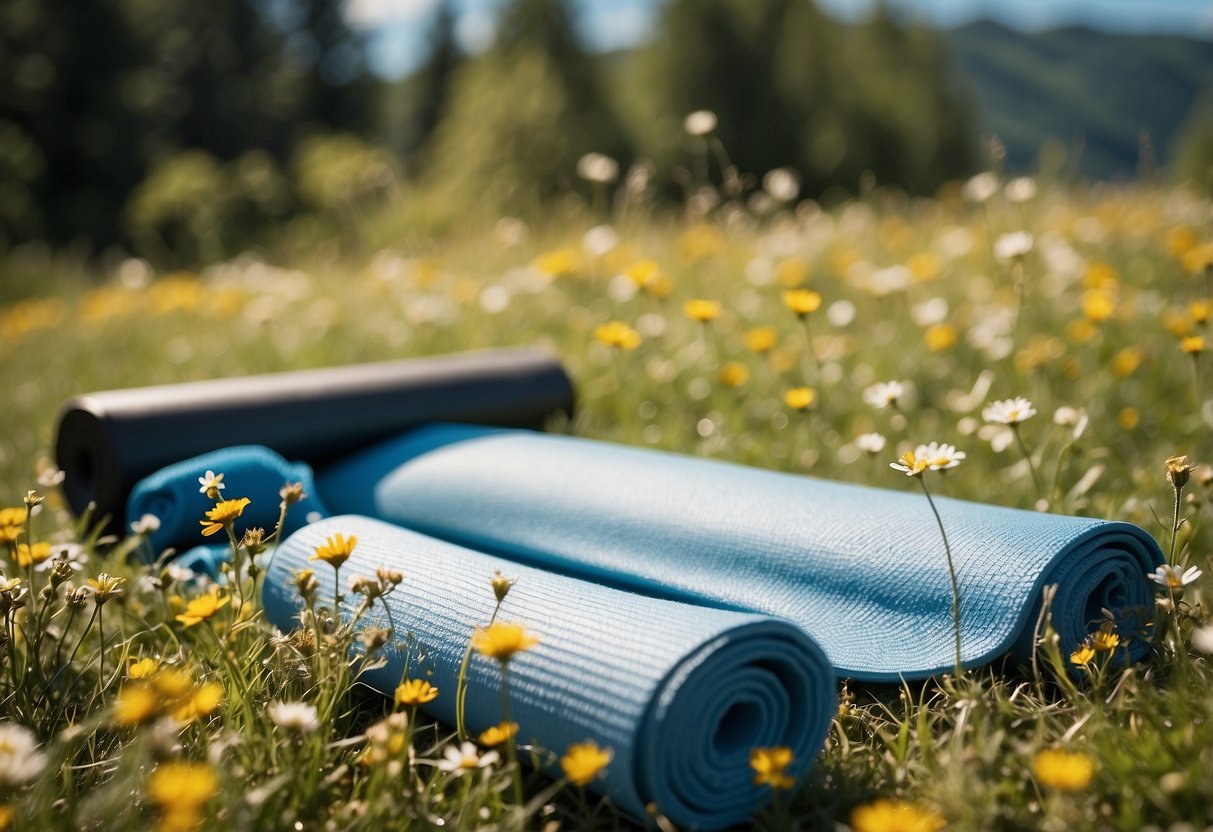 A serene meadow with untouched wildflowers, a yoga mat laid out on the grass, surrounded by trees and a clear blue sky