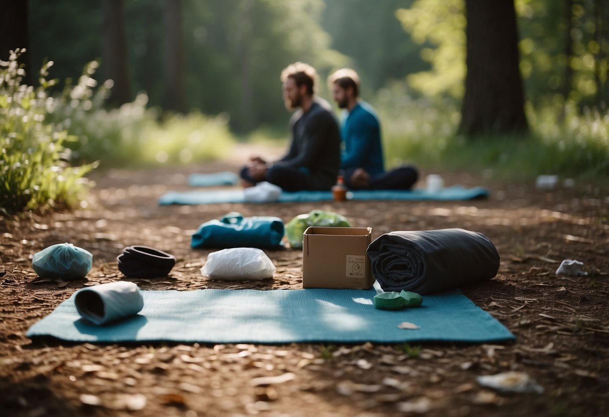 A serene outdoor yoga session with scattered trash around, emphasizing the importance of leaving no trace. Mats laid out on the ground, surrounded by trees and nature