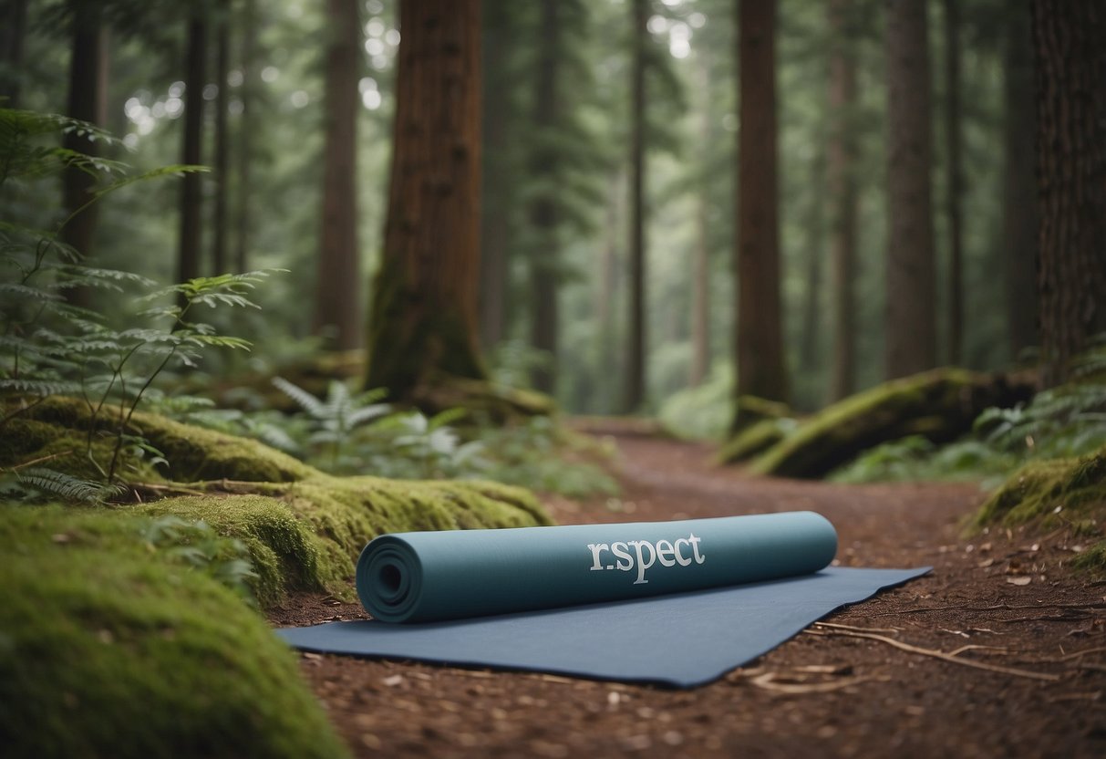 A serene forest clearing with a yoga mat laid out, surrounded by trees and wildlife. A sign reading "Respect Private Property" is prominently displayed