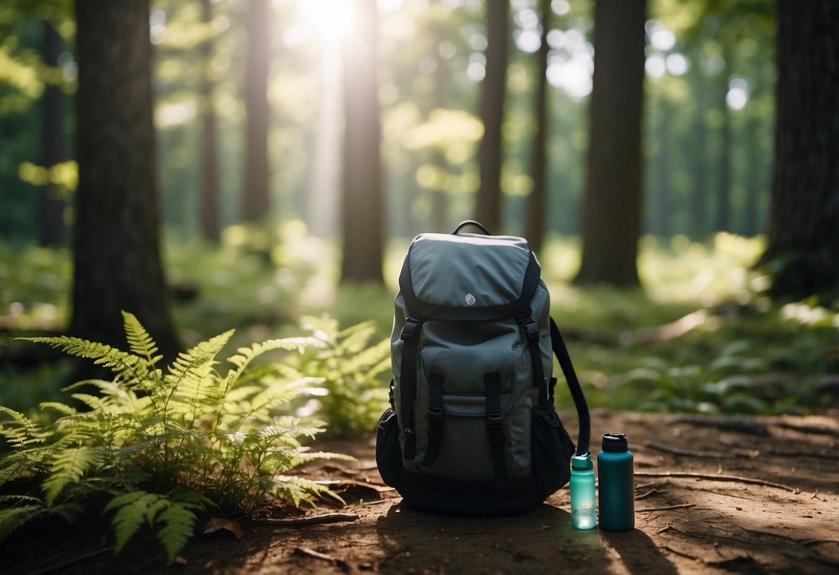 A serene forest clearing with a yoga mat, water bottle, and backpack. Sunlight filters through the trees, highlighting the natural surroundings. No litter or disturbances in the peaceful environment