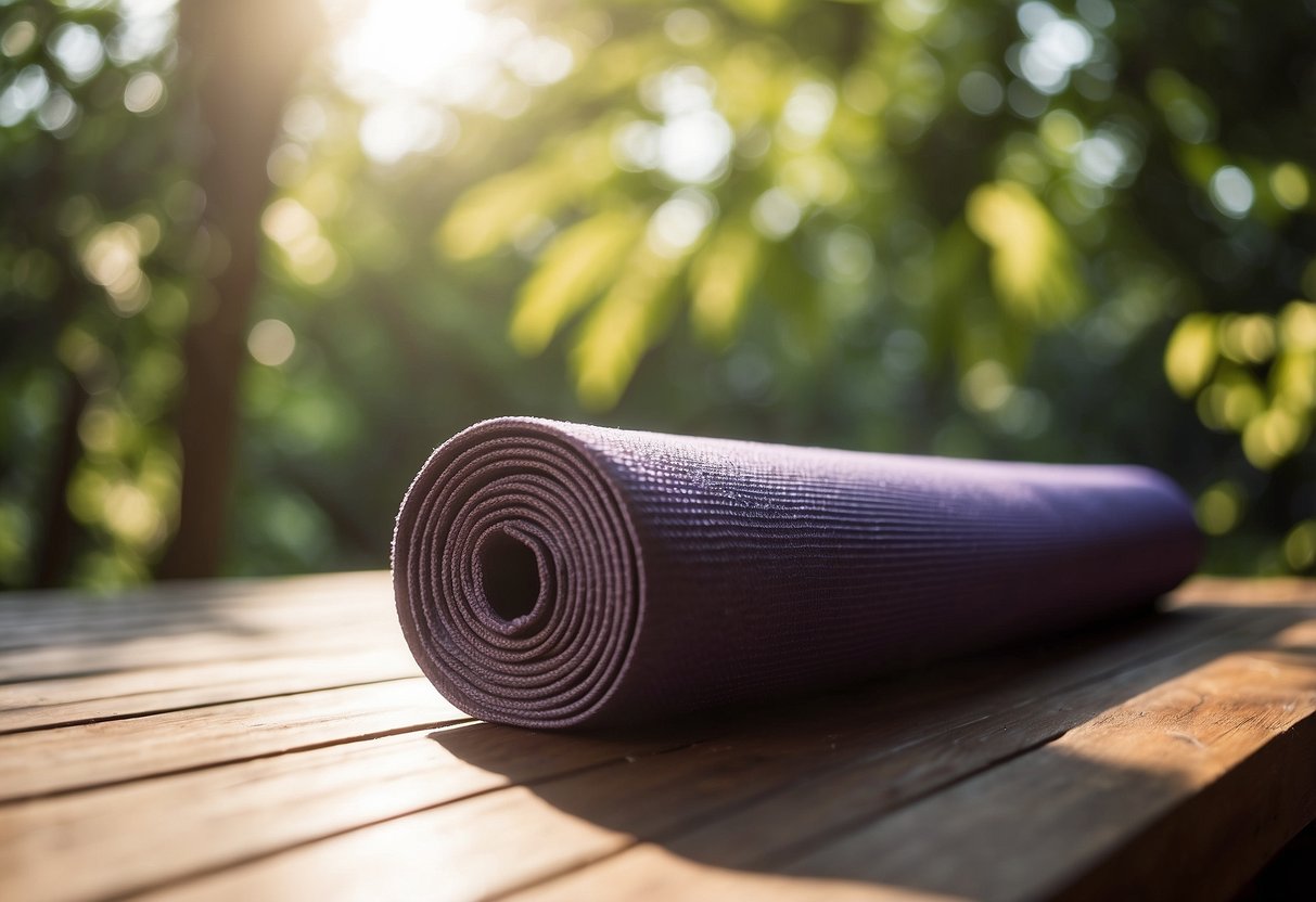 Yoga mat on sun-drenched deck, surrounded by lush greenery. Beads of sweat glisten in the heat as a gentle breeze rustles the leaves