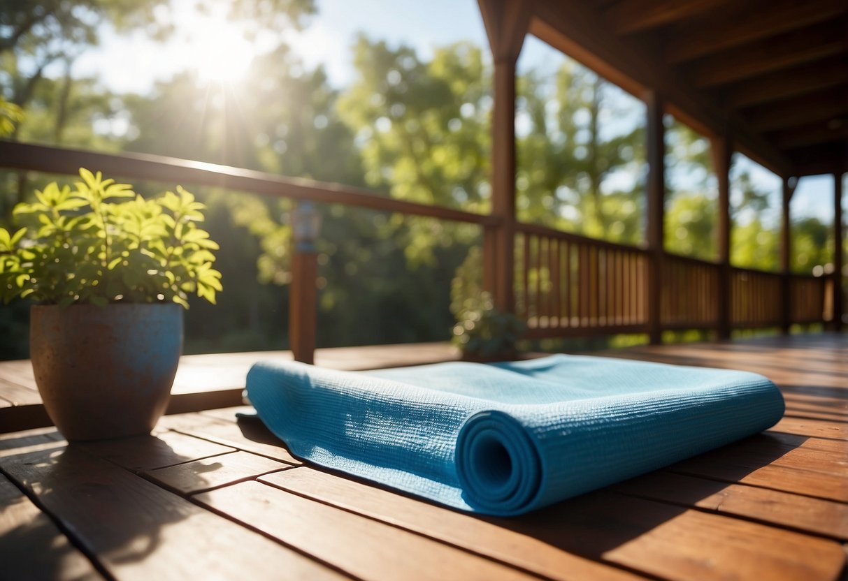 A yoga mat lies on a sun-drenched deck, surrounded by lush greenery. The bright blue sky and warm sunshine create a serene backdrop for a yoga practice in hot weather