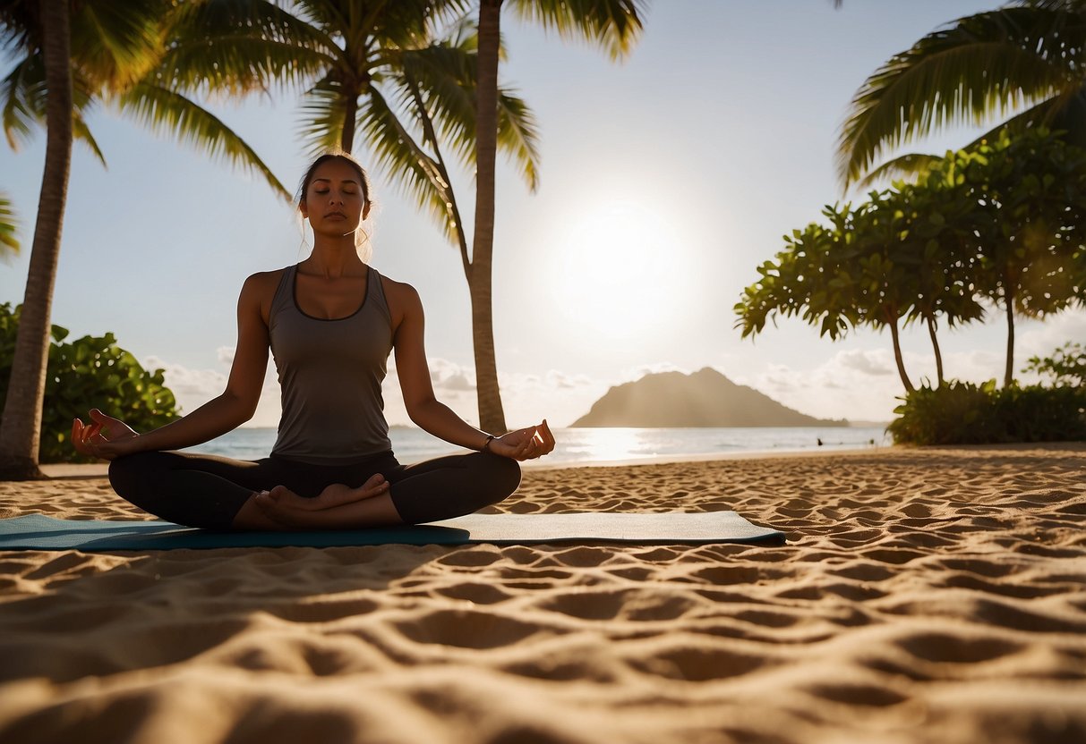 A person practices yoga in the morning sun, surrounded by a warm, tropical environment. The sun shines brightly, casting long shadows on the ground. The air is humid, and the person's skin glistens with sweat as they move through their practice