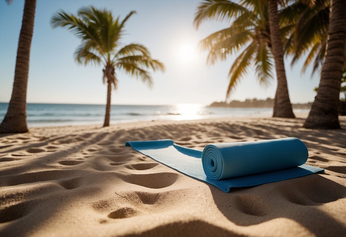 A sunlit yoga mat on a sandy beach, surrounded by palm trees and a gentle ocean breeze. The clear blue sky and warm sun create a serene atmosphere for practicing yoga