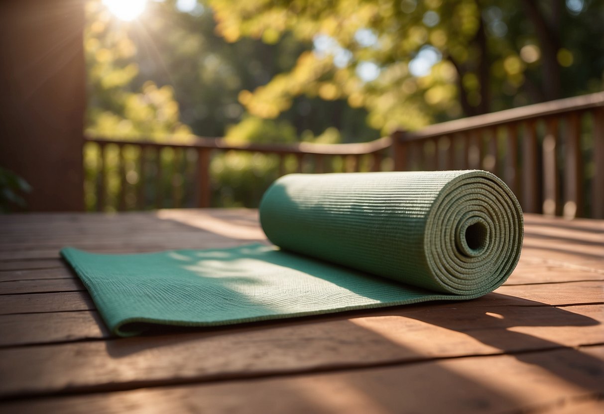 A serene yoga mat placed on a sun-drenched deck, surrounded by lush greenery. The bright sun illuminates the space, casting long shadows as a gentle breeze rustles the leaves