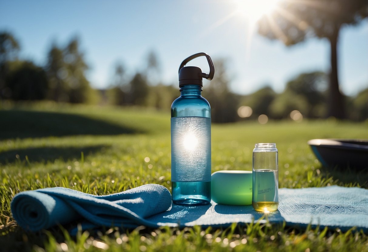 A sunny yoga session with a clear blue sky, a warm breeze, and a bright sun. The scene includes a yoga mat on the grass with a water bottle, towel, and sunscreen nearby