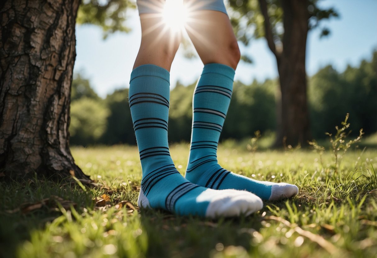 Yoga socks placed on a grassy outdoor surface, surrounded by trees and a clear blue sky