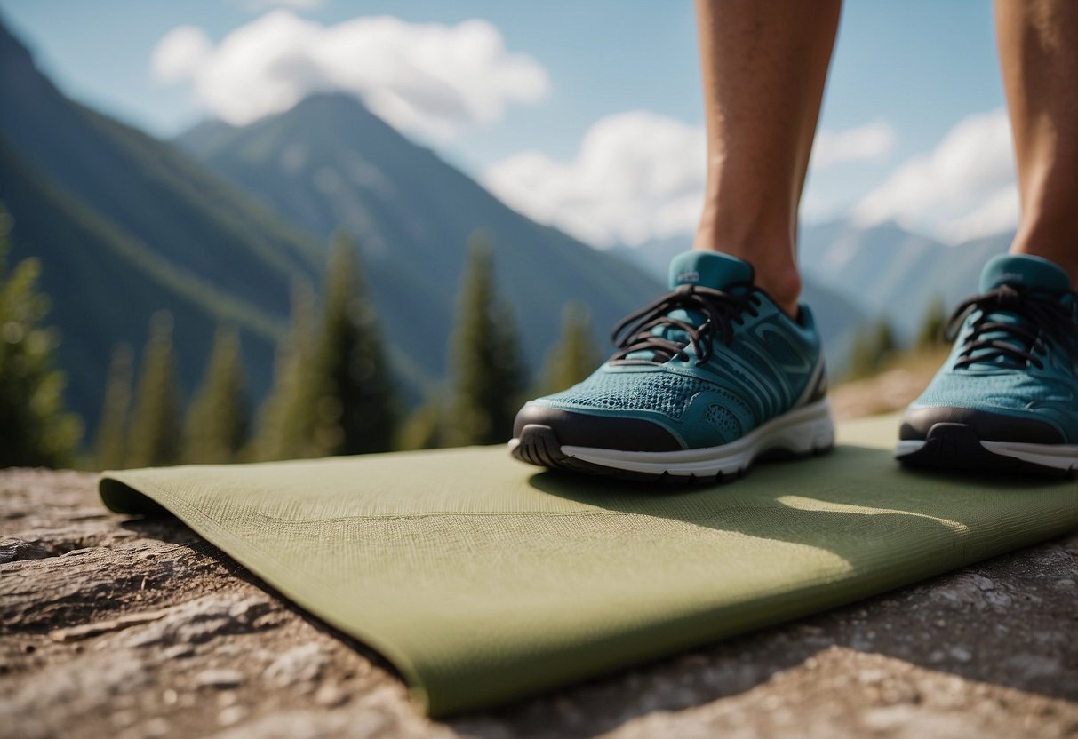 A mountain peak with a yoga mat and ToeSox Performance Sport 5 Best Yoga Socks, surrounded by nature and outdoor elements