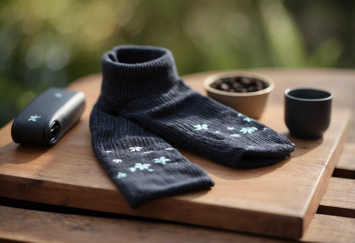 A pair of Tavi Noir Emma Grip yoga socks placed on a natural outdoor surface, surrounded by yoga props and a serene outdoor setting