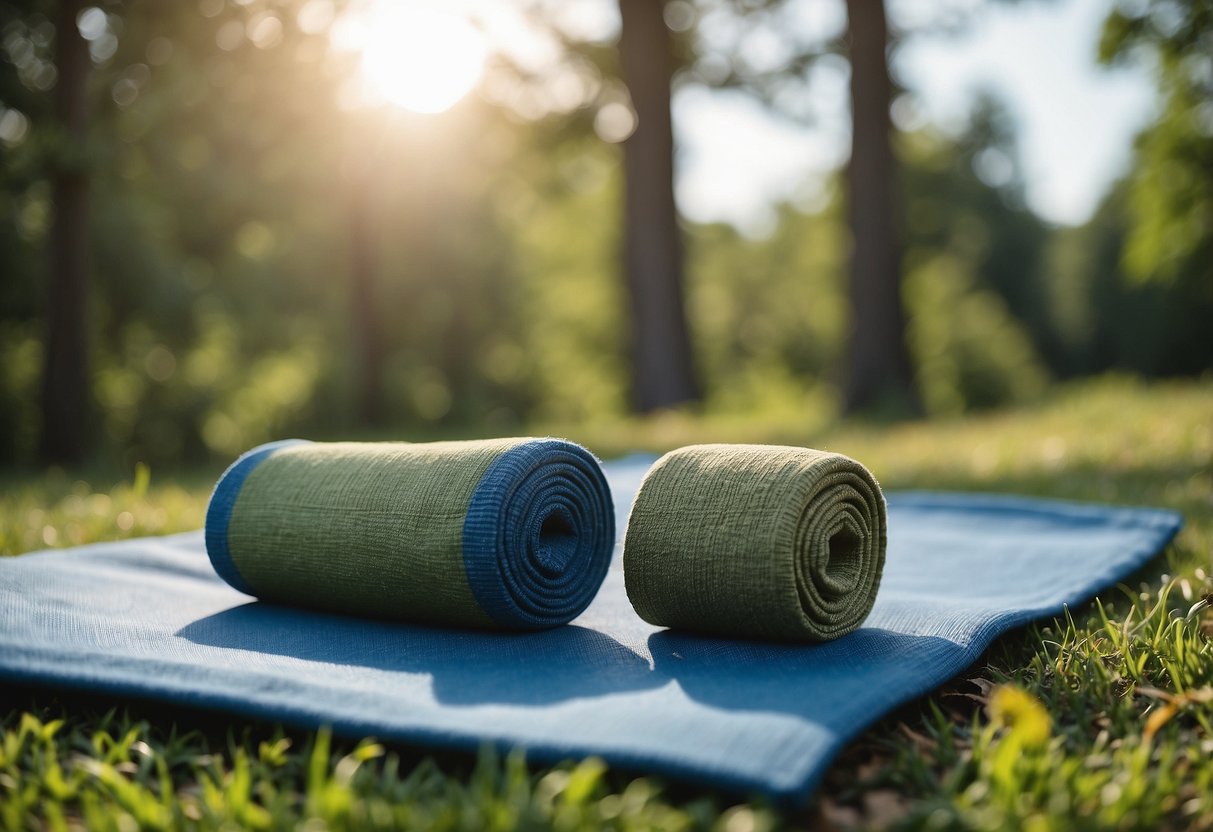 A pair of Gaiam yoga socks on a grassy outdoor yoga mat, with a serene natural backdrop of trees and blue sky