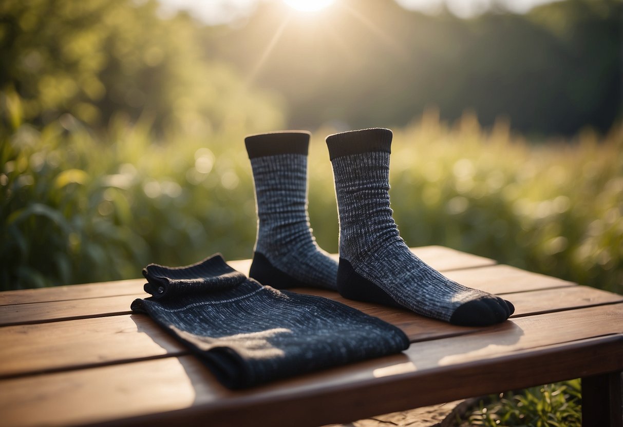 A pair of Ozaiic Anti-Skid Socks placed on a yoga mat in an outdoor setting, surrounded by nature and sunlight