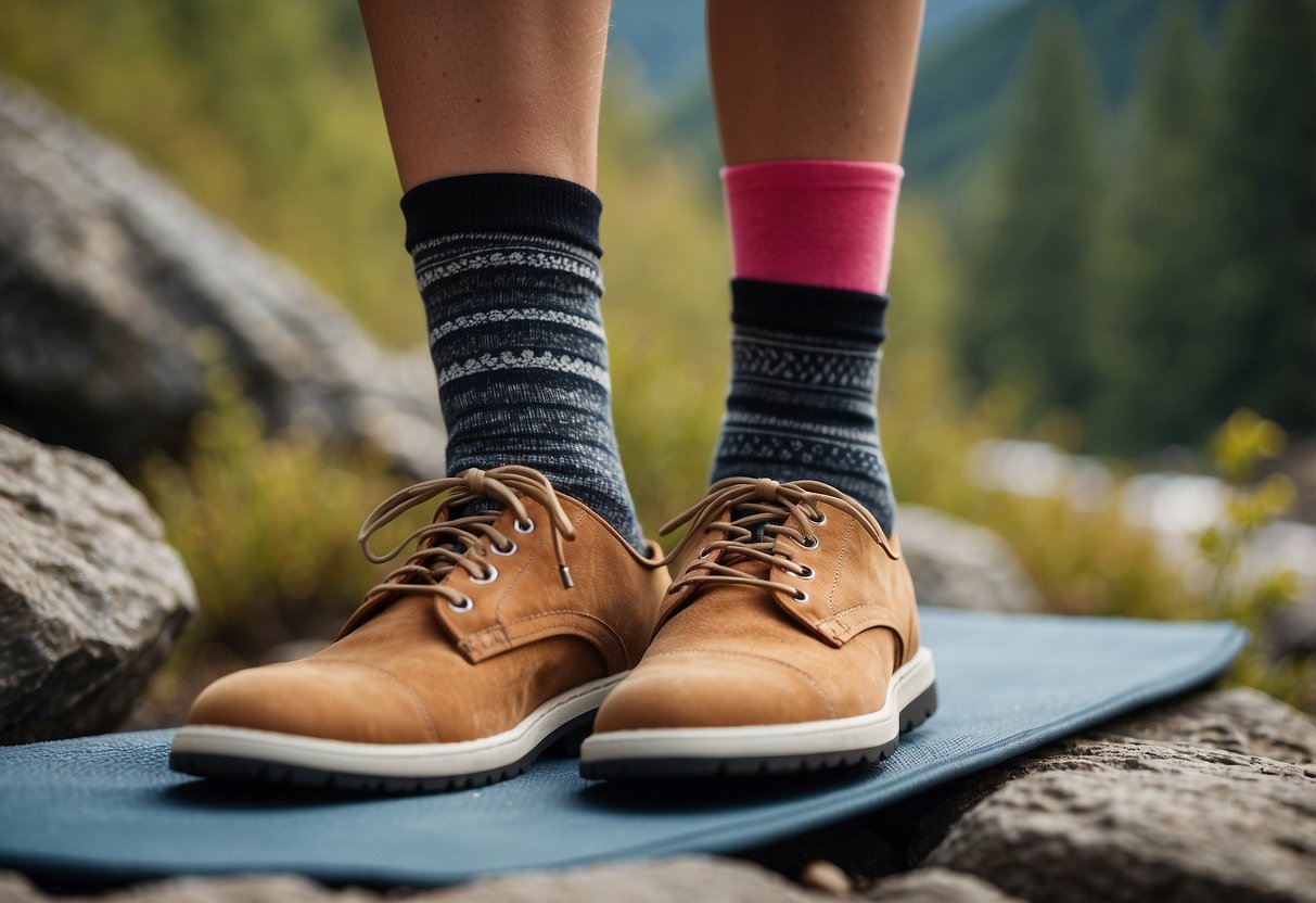 A pair of Great Soles Grip Socks on a rocky outdoor yoga mat, surrounded by nature