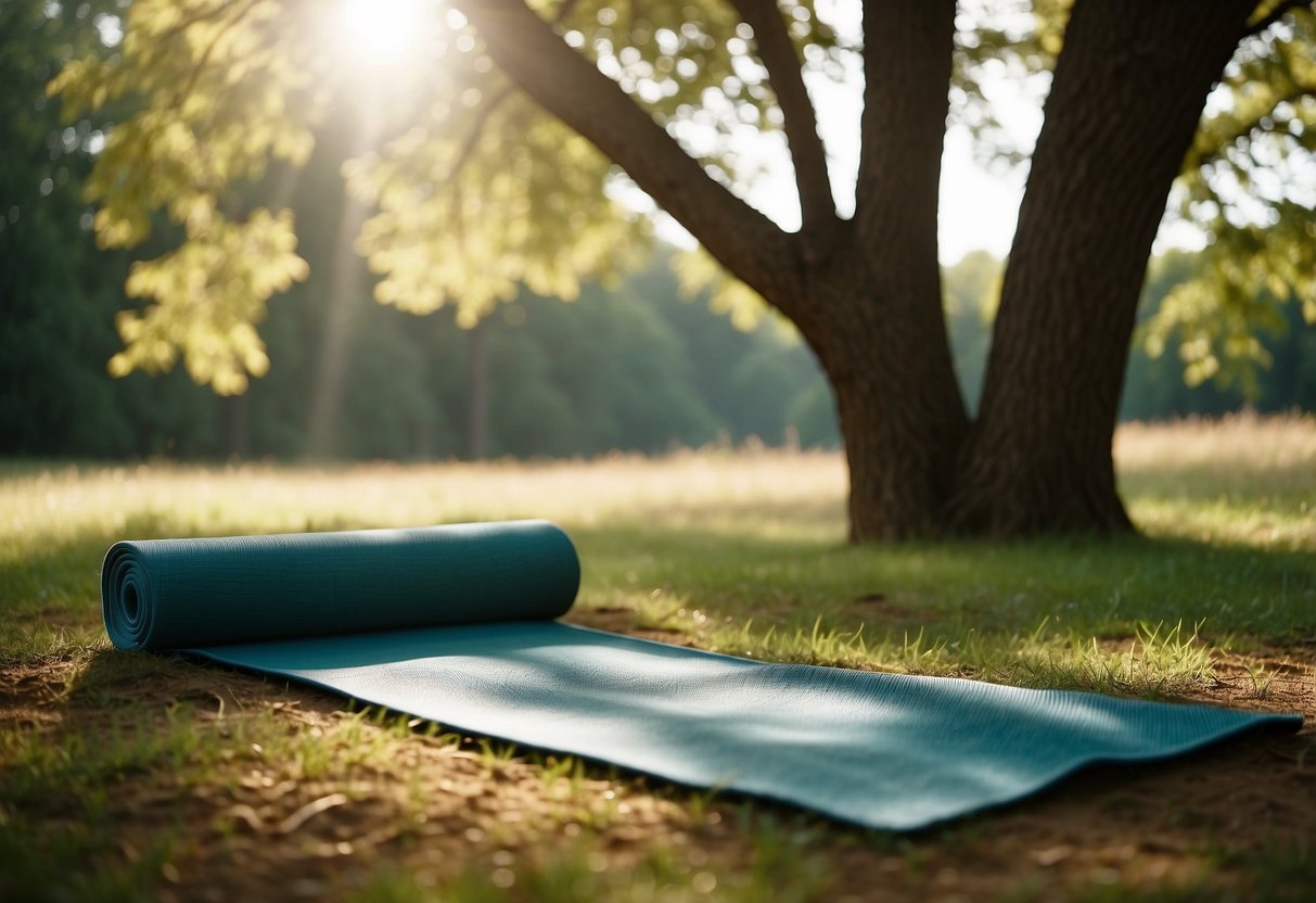 A serene outdoor setting with a yoga mat, surrounded by nature. Sunlight filters through the trees, creating dappled patterns on the ground. An atmosphere of tranquility and peace