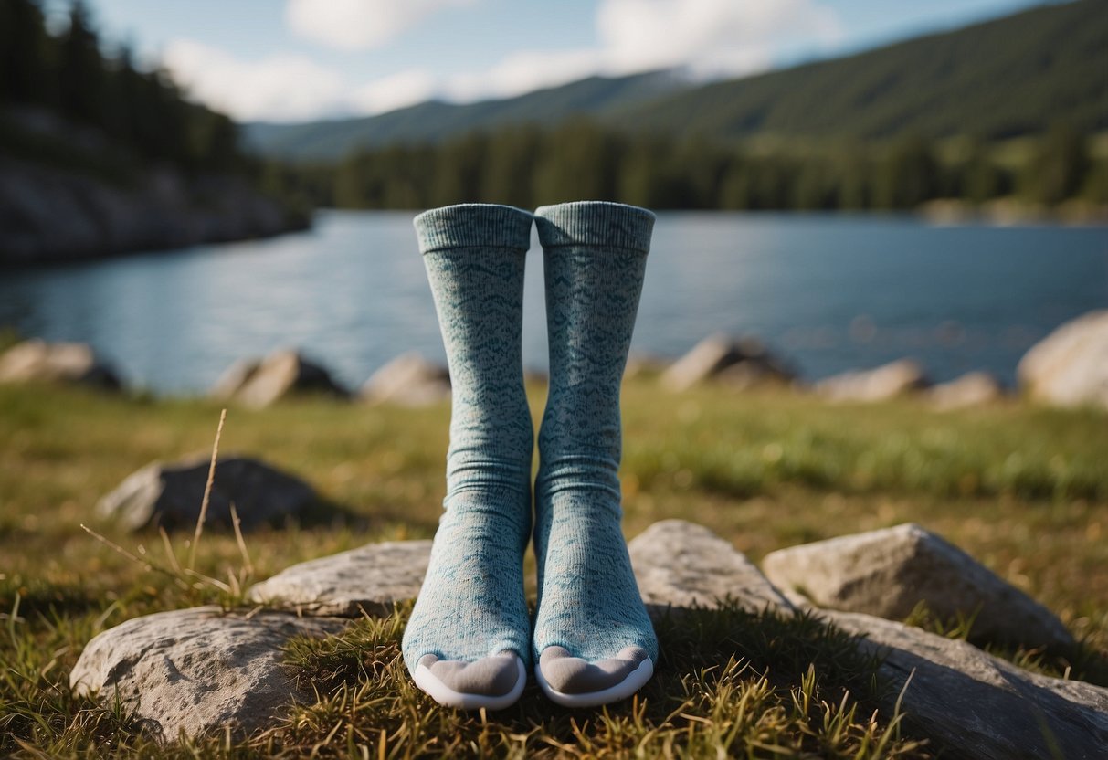 A peaceful outdoor setting with grass, rocks, and a clear sky. A pair of yoga socks is placed on the ground, surrounded by nature