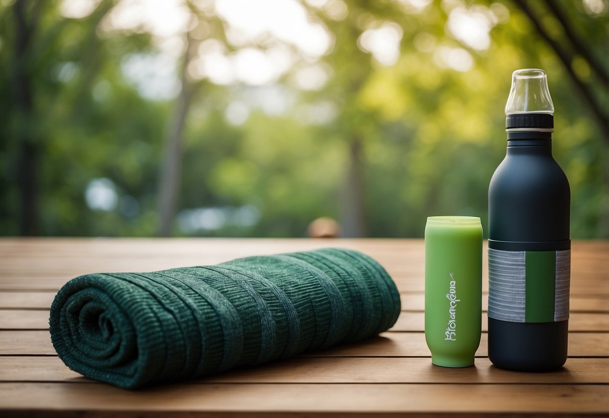 A pair of yoga socks laid out neatly on a wooden floor, surrounded by a yoga mat, a water bottle, and a lush green outdoor setting in the background