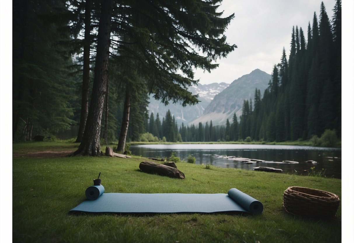 A serene campsite nestled in a lush forest, with a clear stream flowing nearby and a backdrop of towering mountains. A yoga mat is laid out on the soft grass, surrounded by tall trees and chirping birds