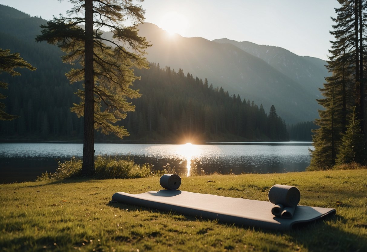 Sunrise over tranquil lake, surrounded by towering pine trees. Yoga mats laid out on lush green grass. Mountains in the distance