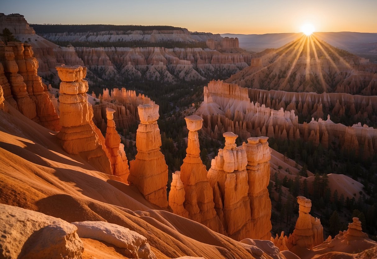 Sunrise illuminates the towering hoodoos and red rock formations, casting a warm glow over the peaceful campsites nestled among the ancient geological wonders of Bryce Canyon National Park, Utah