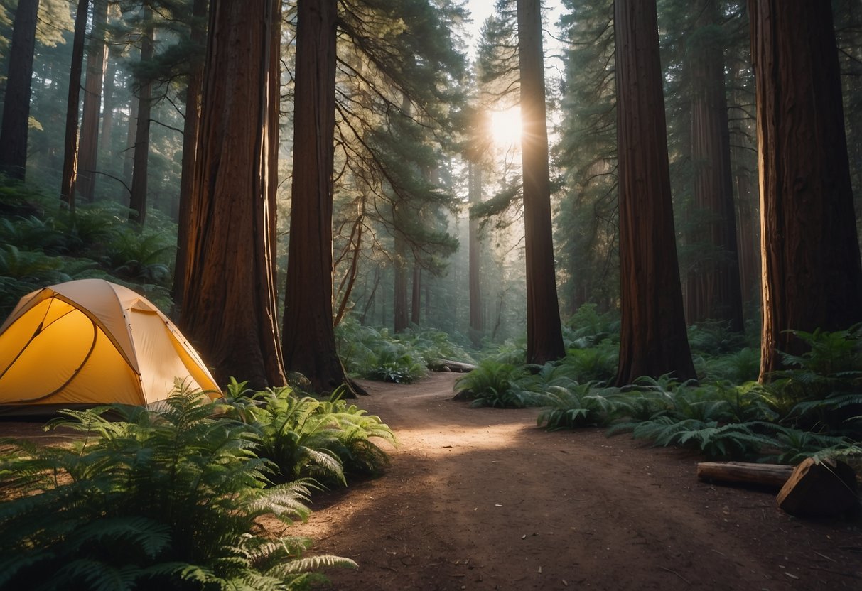 A serene forest clearing with tents nestled among towering redwoods, a winding river, and a backdrop of rugged cliffs at Big Sur Campgrounds, California