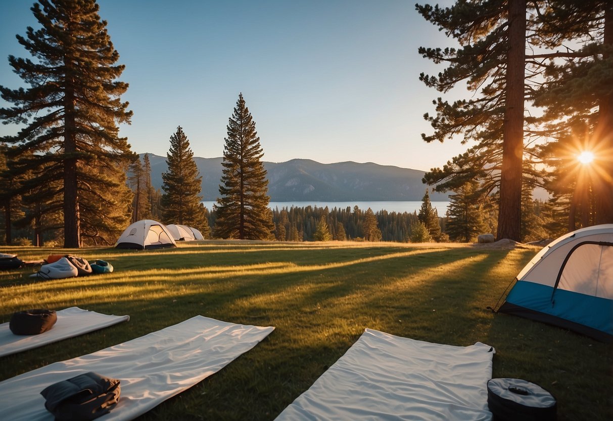 Sunset over Lake Tahoe Basin, with tents nestled among pine trees, yoga mats spread out on the lush green grass, and a serene mountain backdrop