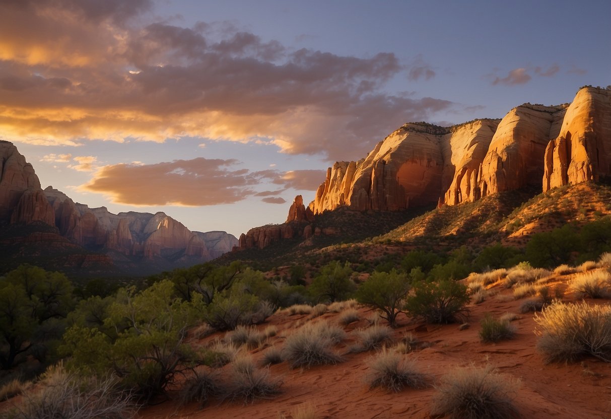 Sunset over red rock formations, campfires flicker in 10 secluded sites, surrounded by towering cliffs and lush greenery in Zion National Park, Utah