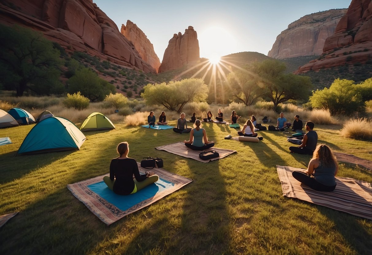 Sunrise over Red Rocks Park, with towering rock formations and lush greenery. Tents dot the landscape, with yogis practicing outdoor yoga in serene surroundings