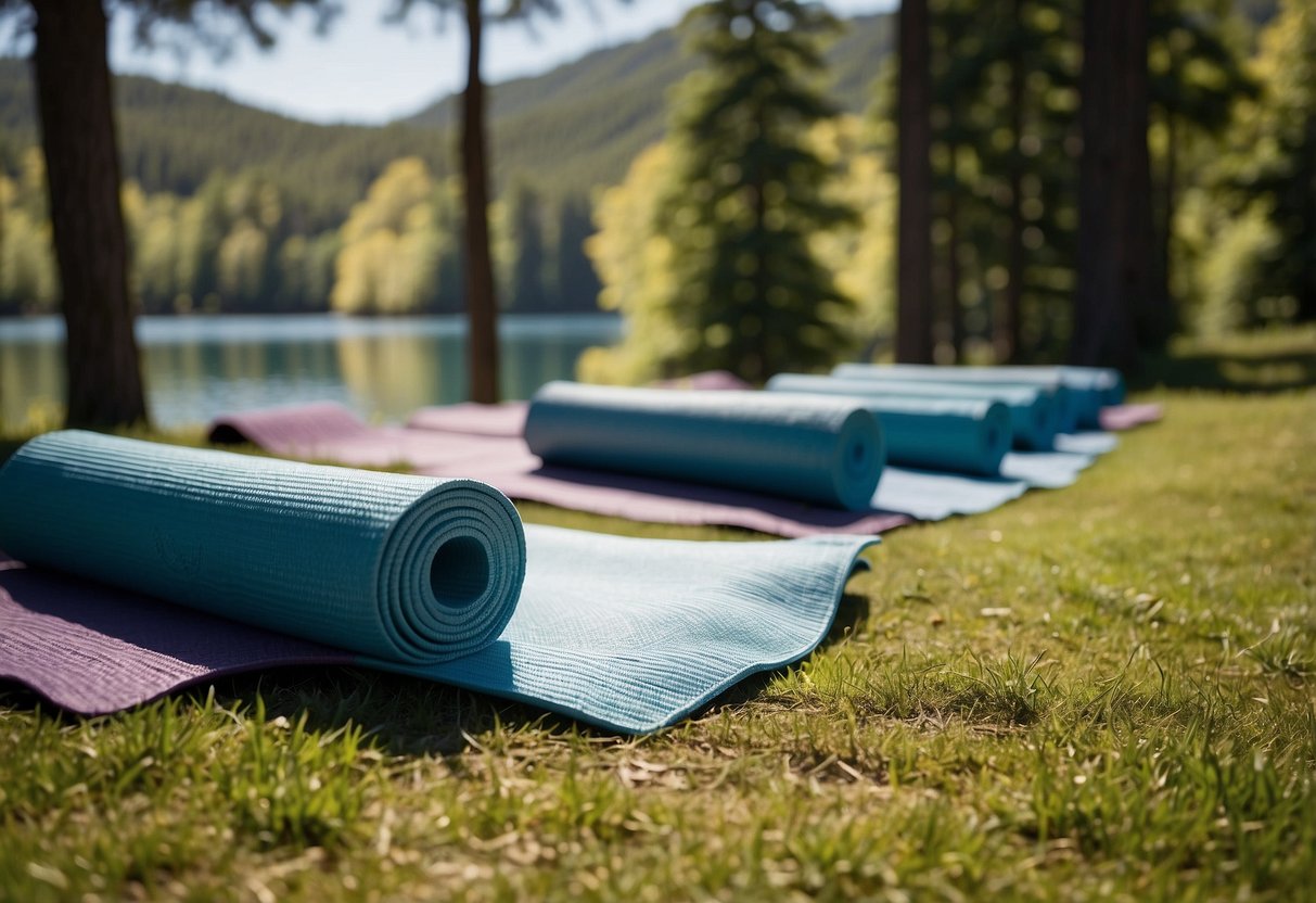 Yoga mats laid out on grass, surrounded by tall trees and a clear blue sky. Tents pitched in the background, with a serene lake or mountain view