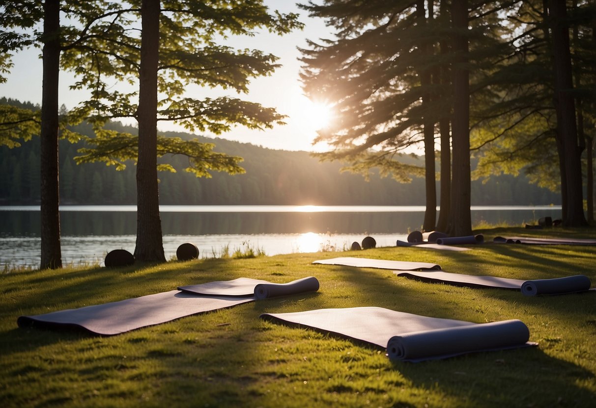 Yoga mats laid out on grassy campsites, surrounded by tall trees and a serene lake. Sunlight filters through the leaves, creating a peaceful atmosphere for outdoor yoga practice