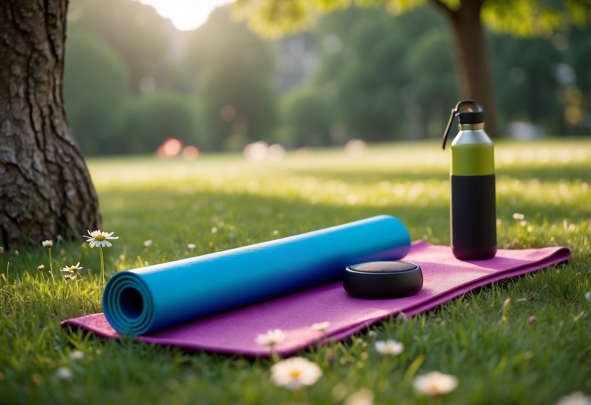 A serene park setting with a colorful yoga mat laid out on the grass, surrounded by trees and flowers. A small portable speaker plays calming music, and a reusable water bottle sits nearby