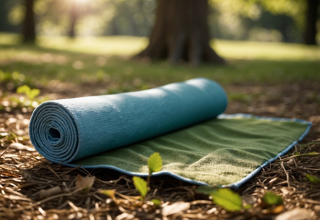 A yoga mat lies on a grassy patch under a tree. Sunlight filters through the leaves, creating dappled patterns on the mat. A water bottle and a small towel are placed nearby, ready for an outdoor yoga session