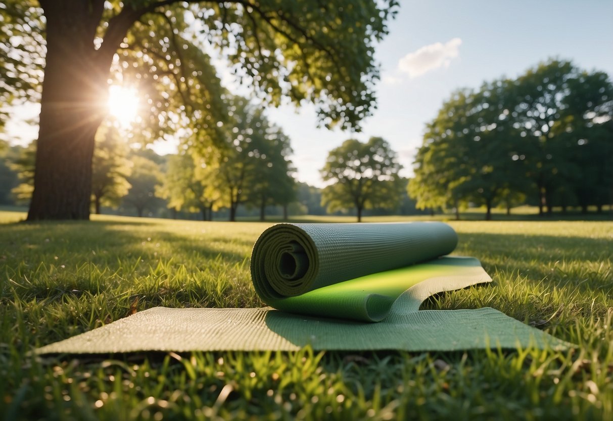 A sunny park with a clear sky, green grass, and trees. A yoga mat laid out on the ground, surrounded by peaceful nature