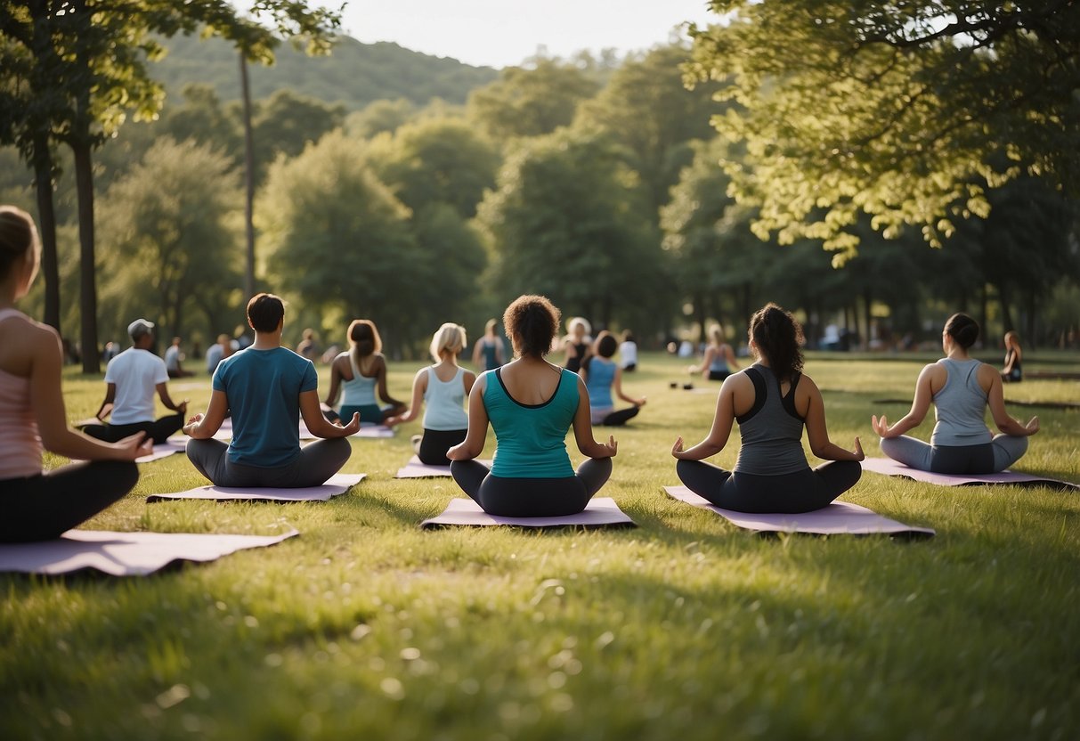 A group of people practicing outdoor yoga in a park, surrounded by nature and using minimal equipment. They are following tips from an online community for budget-friendly yoga