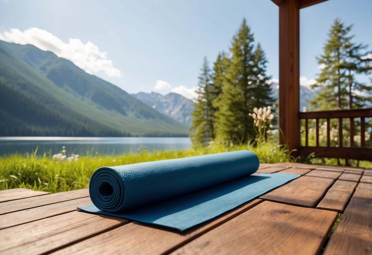 A serene outdoor setting with a clear blue sky, lush green grass, and a peaceful lake or mountain backdrop. A yoga mat is placed on the ground, surrounded by nature and sunlight