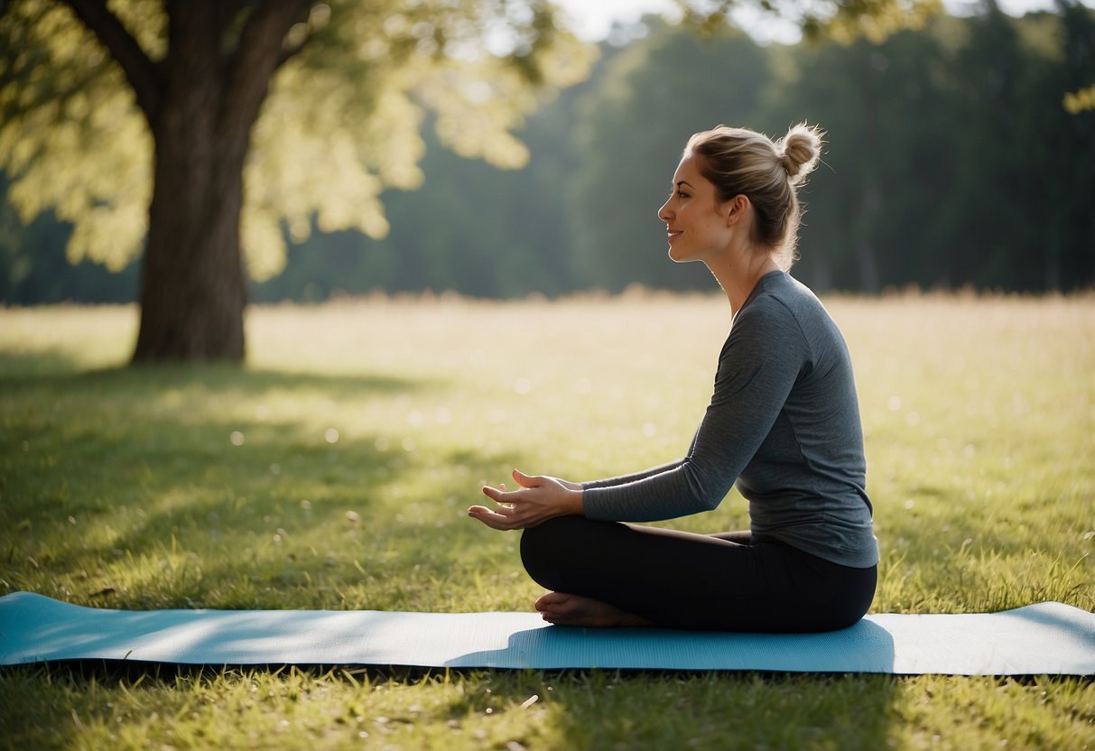 A person sits on a grassy patch, surrounded by trees and a clear blue sky. They are unrolling a colorful yoga mat and adjusting its position on the ground. The scene exudes a sense of tranquility and connection with nature