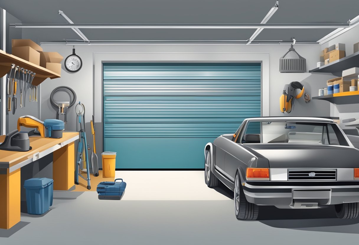 A garage door being serviced by a technician with tools and equipment, inspecting, adjusting, and lubricating the various components for optimal performance