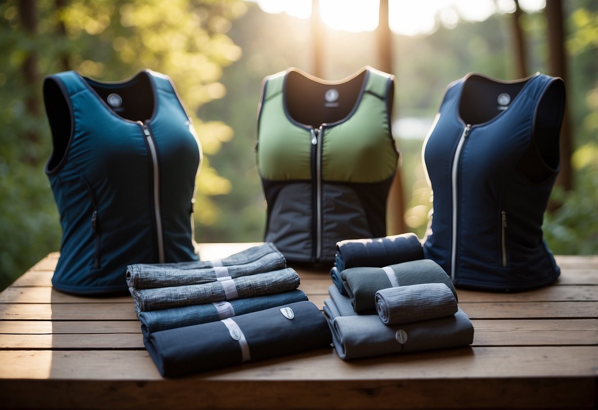 Five lightweight vests laid out in a natural outdoor setting, surrounded by yoga mats and with a peaceful, serene atmosphere