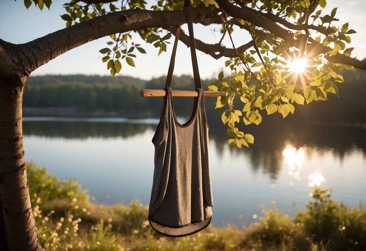 A woman's lightweight vest hanging on a tree branch in a peaceful outdoor yoga setting. Sunshine and nature in the background