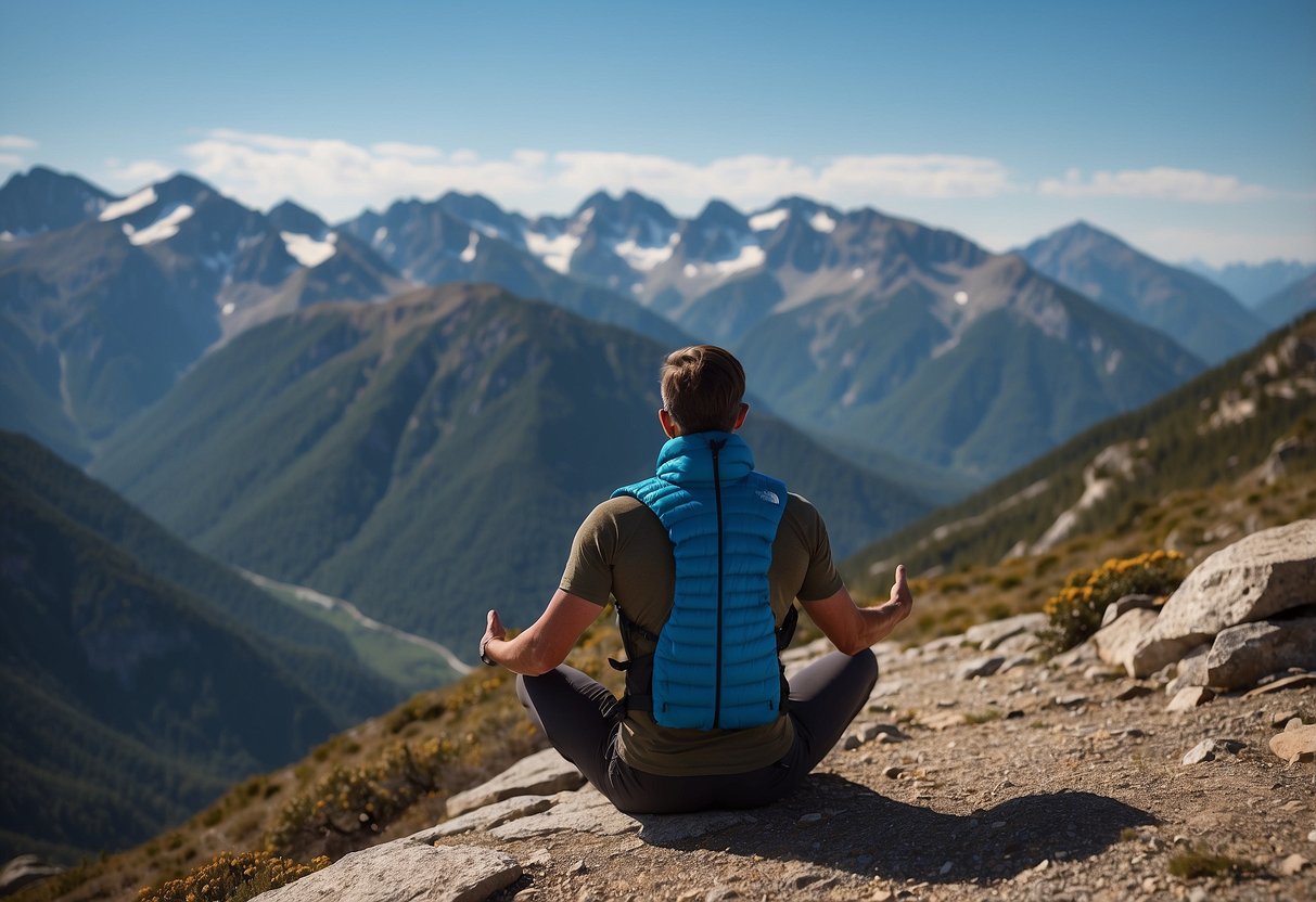 A mountainous landscape with a clear blue sky, featuring a person wearing The North Face ThermoBall Eco Vest practicing outdoor yoga