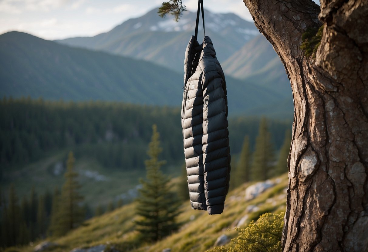 The Arcteryx Cerium LT Vest is shown hanging on a tree branch in a serene outdoor setting, with yoga mats and natural scenery in the background