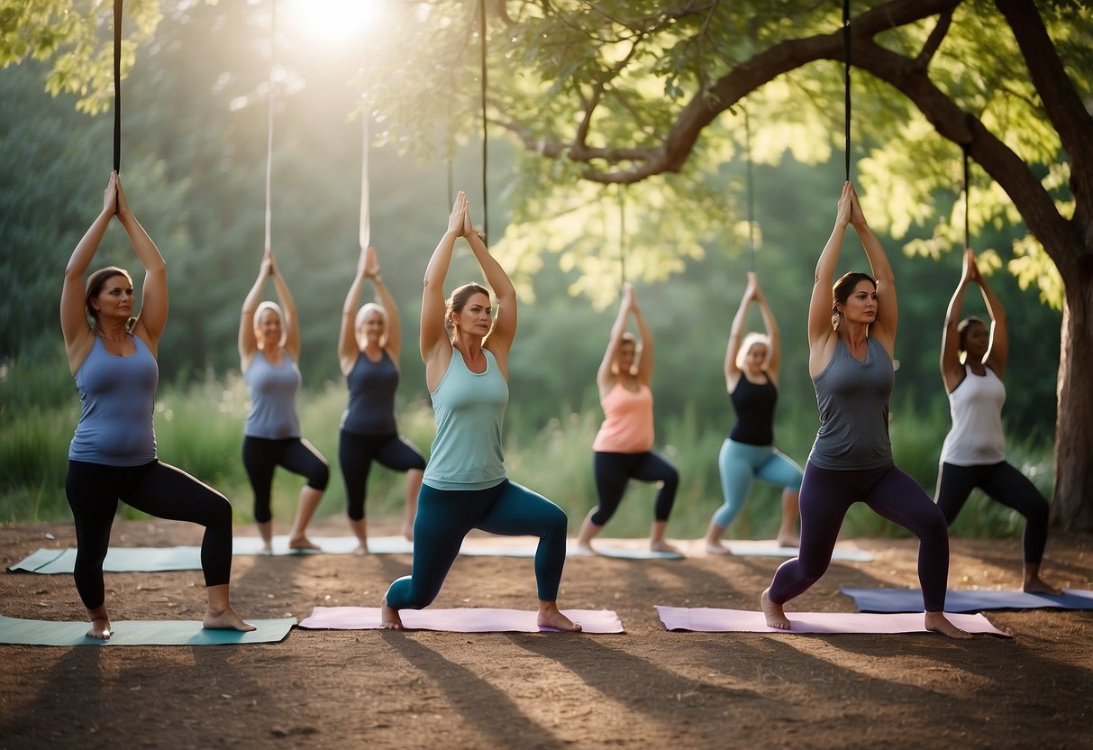 A peaceful outdoor yoga session with lightweight vests hanging on a tree branch, surrounded by nature and a serene atmosphere