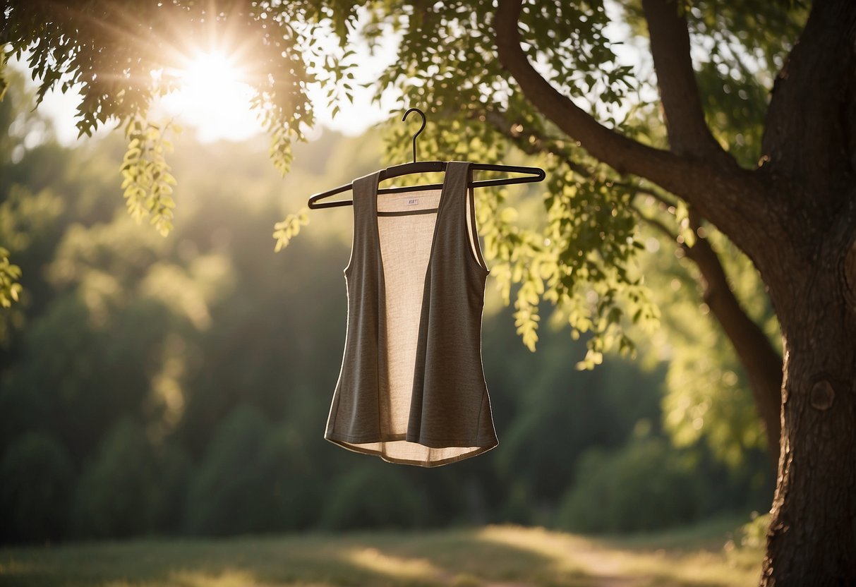 A yoga vest hanging on a clothesline, with gentle sunlight filtering through the trees in a serene outdoor setting