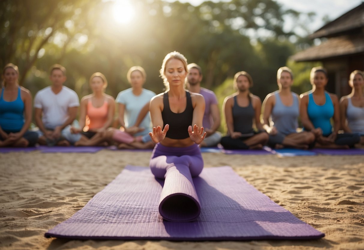 Yoga mat on uneven ground, person attempting difficult pose, improper alignment, crowded outdoor space, distracting background, improper breathing, lack of sunscreen, incorrect clothing, no water bottle, no warm-up