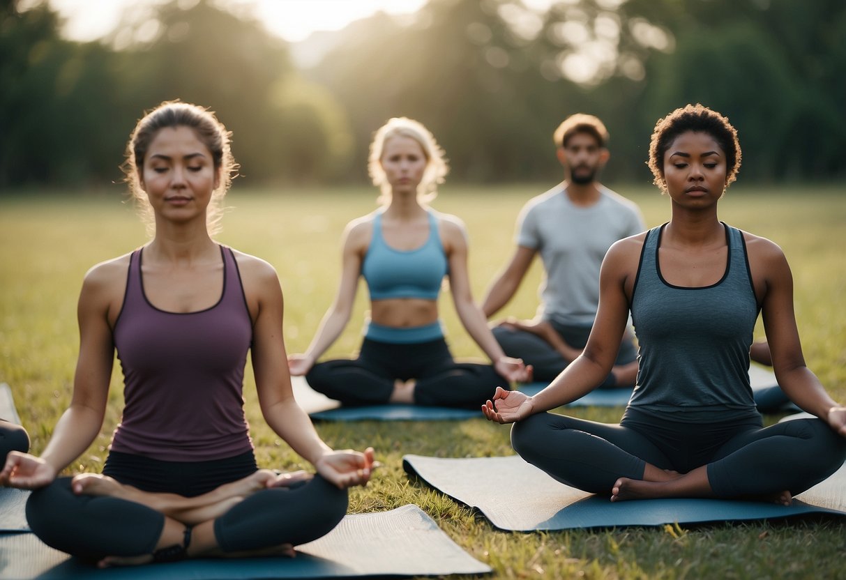 A group of people practicing yoga outdoors, making common mistakes like improper breathing and poor posture