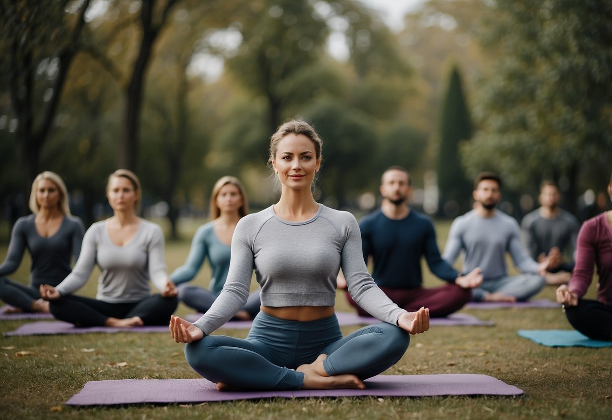 A person wearing jeans and a sweater attempts outdoor yoga in a park, surrounded by others in proper attire