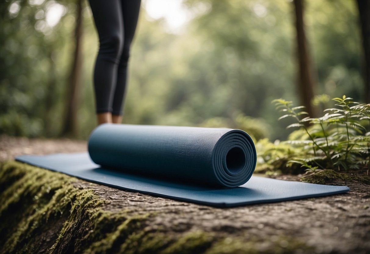 Yoga mat on uneven ground, practitioner attempting complex pose, surrounded by distracting nature elements, ignoring personal limitations