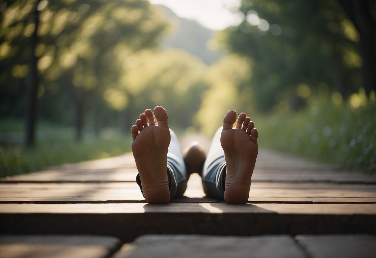 A person's feet placed incorrectly in a yoga pose outdoors