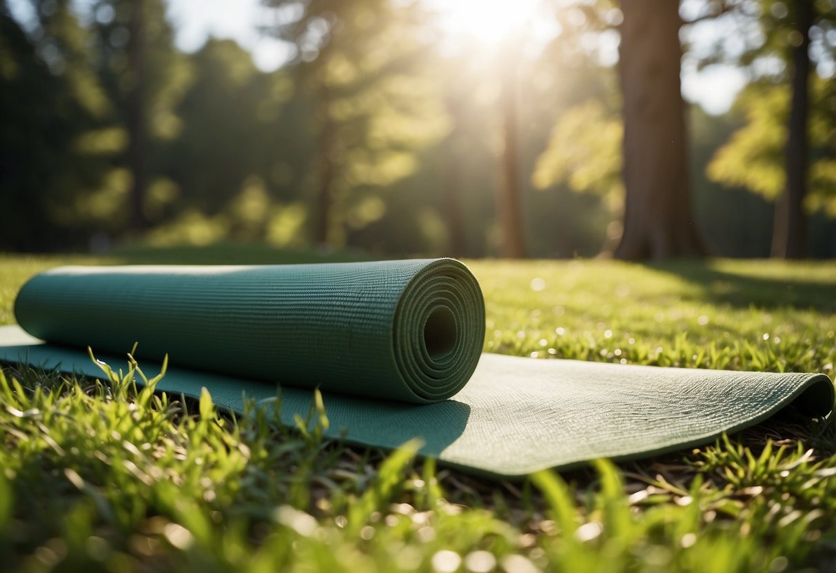 Yoga mat on grass, with trees in background. Sun shining, proper alignment demonstrated in various poses. No human figures