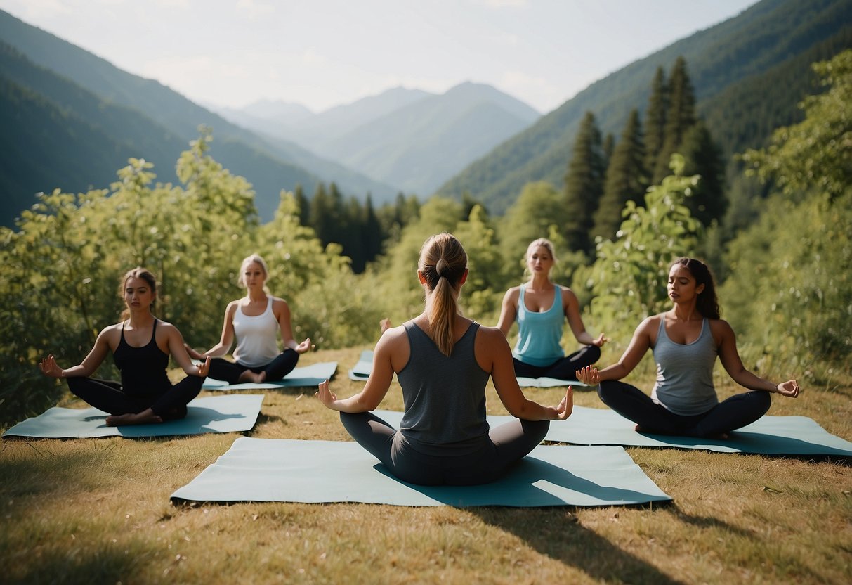 Yogis practice outdoors, surrounded by nature. They focus on deep breathing and avoid common mistakes