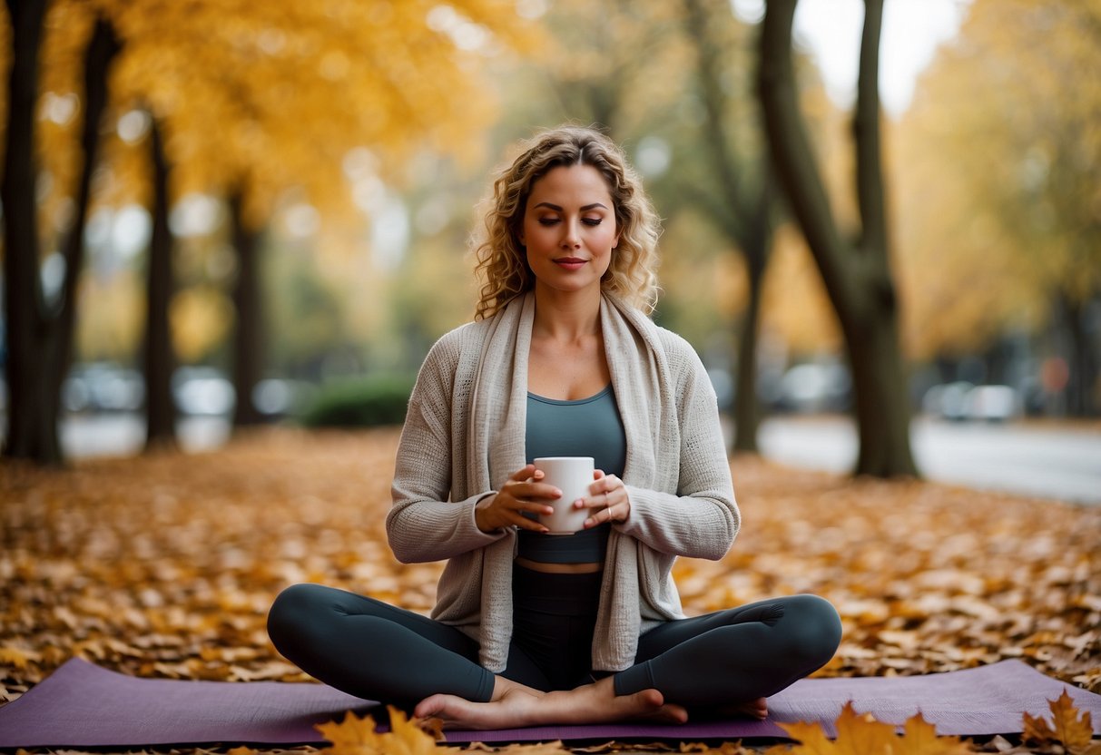 A person in yoga attire practices outdoor yoga on a colorful mat surrounded by autumn leaves. They are wearing warm layers and sipping on a hot drink to stay cozy during the practice