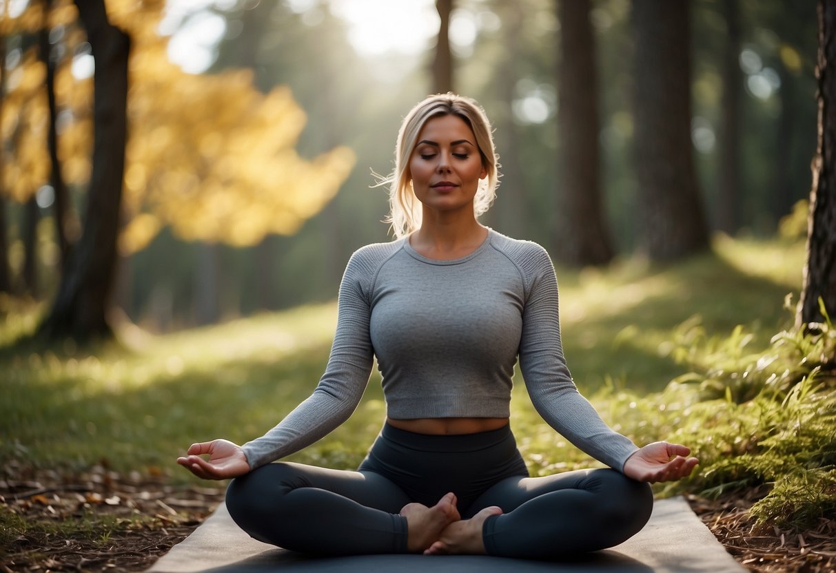 A person wearing layered clothing, with a cozy sweater over a long-sleeve shirt and leggings, practicing yoga in a serene outdoor setting, surrounded by trees and a gentle breeze